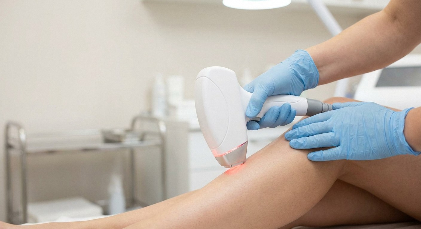 Gloved hands hold a white laser device emitting red light on a bare leg inside a clinical room