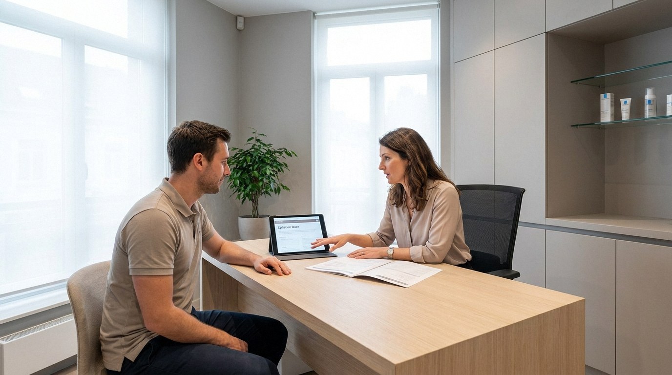 A man and woman sit across a light wooden desk in a bright office. The woman points to a tablet displaying 'Epilation