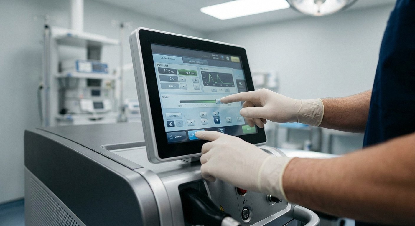 Gloved hands adjust settings on a touchscreen interface of a grey medical machine in a clinical room. The screen