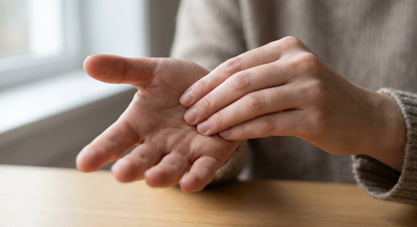 Close-up of hands over a wooden table. Right fingers are resting on and rubbing the palm of the open left hand. The
