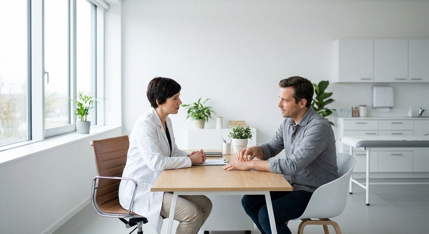 A doctor in a white coat sits opposite a male patient at a desk. The patient touches his left hand. The room is bright